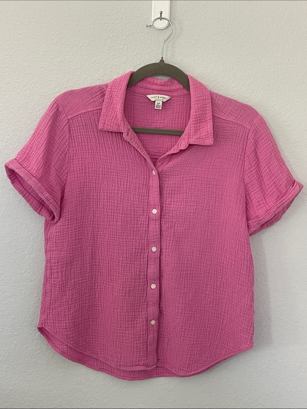 Lucky Brand Pink Cotton Gauze Button Down Shirt Top Small Boho Coastal